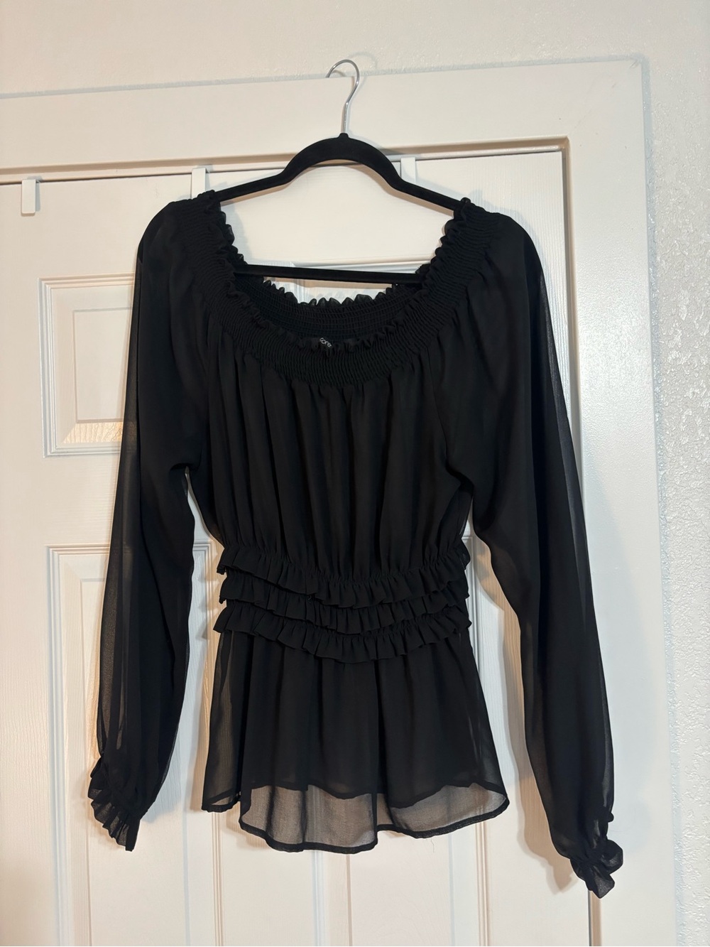 Forever 21 Black Smocked Waist Sheer Long-Sleeve Peasant Top